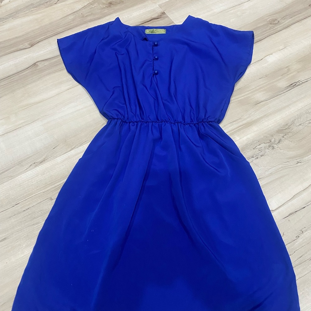 Royal Blue Dolman Sleeve Dress Size Small Elastic Waist Button Front - Picture 1 of 5